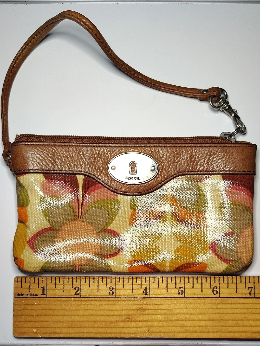 Fossil Tan Leather Strap Multicolor Floral Patent Wristlet - Picture 3 of 6
